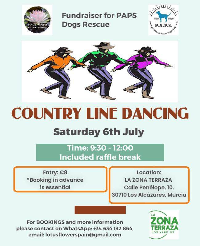 July 6 PAPS country line dancing fundraiser in Los Alcazares
