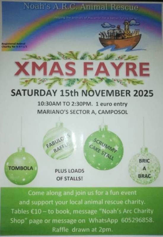 November 15 Xmas Fayre in aid of Noah's ARC Animal Rescue, Camposol